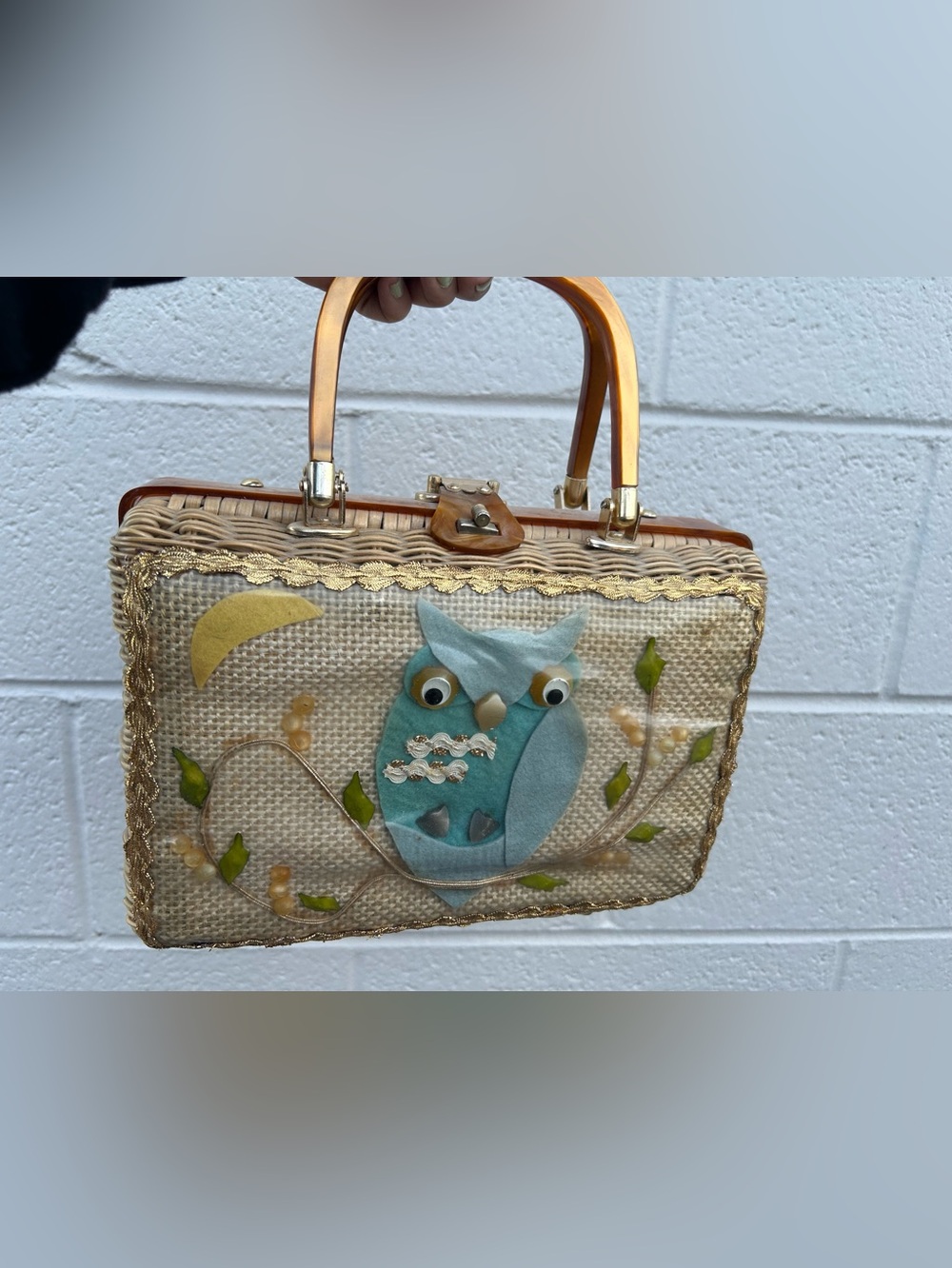 vintage 1960s unique wicker handbag by Princess Charming  lucite
 owl appliqué